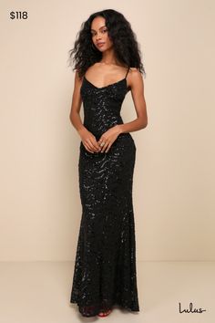 Captivate the crowd with the way you move in the Lulus Mesmerizing Demeanor Black Sequin Backless Mermaid Maxi Dress! Sparkling black sequins create an intricate, wavy design across stretchy mesh knit as it falls from adjustable spaghetti straps into a flattering V-neckline and a fitted bodice. The figure-skimming silhouette continues into a mermaid maxi skirt that features an elegant train at back. The deep V-back creates a sultry final finish! Hidden back zipper/clasp. Fit: This garment fits t Black Velvet Prom Dress, Mermaid Maxi Skirt, Mermaid Maxi Dress, Dress With Train, Backless Maxi Dress, Wavy Design, Prom Inspo, Lulu Fashion, Black Prom Dress