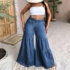 Plus Sz Elastic Waist Ruffle Hem Wide Leg Jeans 60% Cotton 25% Polyester 15% Viscose Plus Size Wide Leg Denim Pants, Plus Size Wide Leg Jeans, Jean Wide Leg, Dark Green Pants, Maternity Overalls, Outfit Jean, Plus Size Wide Leg, Jean Outfit, Kick Flare Jeans