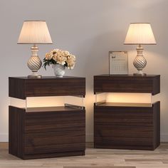 two nightstands with flowers on each side