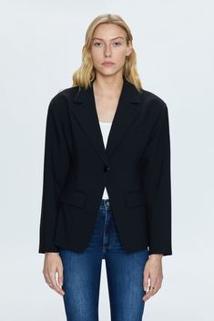 Modern suiting blazer, with a slight cropped fit and cinched waist silhouette for feminine proportions. Offered in an elevated, classic black hue. 76% Polyester / 19% Rayon / 5% Spandex Black Notched Blazer With Hidden Button Closure, Black Single Breasted Blazer With Notched Lapels, Black Notched Blazer For Semi-formal Occasions, Black Semi-formal Notched Blazer, Black Notched Blazer For Business Casual, Black Notched Blazer For Work, Sleek Black Blazer For Business Casual, La Life, Best Swimwear