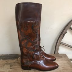 Equestrianriding Feild Boots. Fashionable Hand Tooled Leather, Handmade In Italy.Woman’s Size 8m. Vintage 80’s New In Original Box. Very Rare! Measurements: Length: 10 1/4” Width: 3 1/2” Shaft Height: 17” Circumference At Calf: 14” Circumference At Shaft Opening: 15” Condition Is Beautiful, Vintage, New With Original Box. No Noted Flaws On Boots. There Is Some Tape On The Original Box When It Was Tapped Shut For Moving. Please See Pictures & Measurements. Elegant Leather Sole Knee-high Boots For Riding, Leather Riding Knee-high Boots, Western Style Leather Knee-high Boots For Formal Occasions, 17th Birthday Party, Cozy Clothing, Equestrian Riding Boots, Tan Leather Boots, Under Skirt, Equestrian Riding