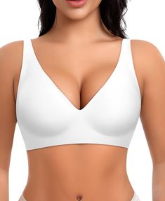 PRICES MAY VARY. Deep V Wireless Bras - Deep V design can gather and lift your breasts, show the breast line and your sexy cleavage. Made from 55% Nylon & 45% Spandex, no underwire, our women bra is soft, smooth, stretch and comfortable, breathable and no odor. Our wirefree seamless bra hug your body gently, no restraint. An everyday bras that is comfy to wear it all day Supportive Bras for Women - Featuring with jelly stripes and 3D cup shape support design, soft and powerful. Our no underwire Supportive Bras, Underwire Bras, Bra Extender, V Design, Wireless Bras, Women Bra, Sleep Bra, Minimiser Bra, Nude Bra