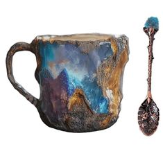 a cup with a spoon next to it and a painting on the inside of it