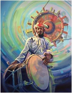 a painting of a man holding a drum