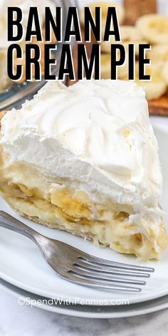 a piece of banana cream pie on a plate with a fork