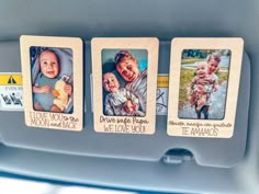 three wooden photo frames with the words i love you to the moon and back