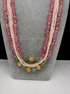 Pink Gemstone Beads Necklace For Wedding, Festive Pink Necklace With Stone Work, Festive Pink Necklaces With Stone Work, Pink Beaded Necklace For Festivals, Pink Temple Jewelry Necklace With Round Beads, Pink Traditional Necklace With Stone Work, Pink Beaded Bridal Necklace In Temple Jewelry Style, Traditional Pink Necklace With Stone Work, Traditional Pink Stone Work Necklaces