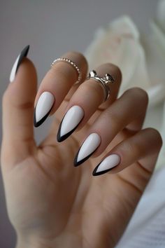 Nail Design White And Black, Nails French Ideas Black, Grey And Black French Nails, White Nails Black Accent, White Black French Nails, Milky Nails Black French, Tuxedo French Tip Nails, Hot Almond Nails, Black Nails With White French