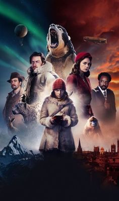 a movie poster with people and animals in the background, including an ice age man