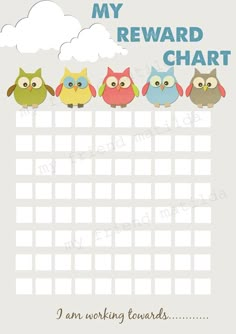 a reward chart with five owls sitting on top of each other and the words, my reward