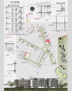 an architectural drawing shows the various sections of a building that are being constructed in different directions