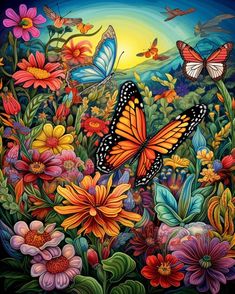 a painting of butterflies and flowers on a black background with the sun in the distance