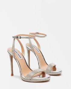 WAFER Rhinestones Strappy Heels | Women's Platform Sandals – Steve Madden Heals For Dresses, Heels Classy Elegant Silver, Sparkly High Heels Prom, Steve Madden Heels Outfit, Heels Hoco, Sparkley Heels, Silver Prom Heels, Going Out Nyc