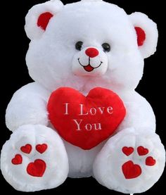 a white teddy bear holding a red heart with the words i love you written on it