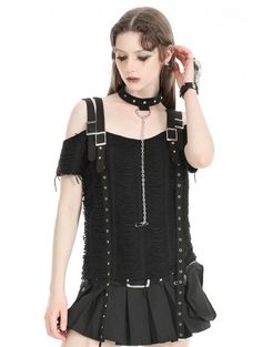 Black Gothic Punk Metal Distressed Off-the-Shoulder T-Shirt for Women - Devilnight.co.uk