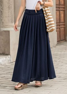 "Get dressed and out of the door in classic good looks with this pleated Long maxi skirt, crafted with soft cotton linen fabric, featuring pleated waist detail and two big pockets. DETAIL * 50% linen, 50% cotton * Has no lining, Not see through * Pleated around waist * Two side seam pockets * Belt loops on waistband * Right Side zipper closure * Perfect for spring and summer, spring, autumn * Need Help how to select the size, Just Leave Your usual wear size Height Weight Waist Hips SIZE GUIDE Si Summer Waist-length Skirt With Pockets, Spring Solid Color Maxi Skirt With Pleated Hem, Solid Color Maxi Skirt With Pleated Hem For Spring, Summer Pleated Hem Flared Maxi Skirt, Summer Pleated Waist Maxi Skirt, Summer Solid Color Maxi Skirt With Pleated Waist, Casual A-line Pleated Maxi Skirt, Summer Flared Maxi Skirt With Pleated Hem, Summer Maxi Skirt With Pleated Waist