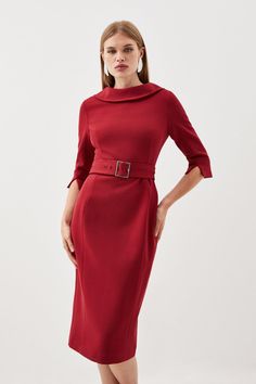 Feel Confident In Our Midi Dress, Made With High Quality, Structured Crepe Fabric, Featuring A Silhouette That Flaunts The Figure, A Rolled Neckline, And Three Quarter Sleeves. Style It With Block Heels For A Look Perfect For Office Days, Then Wear It With Heels Or Boots For An Evening Look. Tailored Structured Crepe Roll Neck Belted Midi Dress High Quality Crepe Fabric Flattering Fitted Silhouette Unique Roll Neckline Notched Three Quarter Length Sleeve Belted Waist Feature Zip Fastening In Bac Corporate Dresses, Bodycon Style, Belted Midi Dress, Sleeves Style, Luxury Dresses, Timeless Aesthetic, Tailored Dress, Latest Dresses, Evening Look