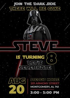 Terrific Star Wars Darth Vader Birthday Invitation with a free backside included. Personalized digital invite for your boy's birthday party. Darth Vader Invitations, Star Wars Invitations Birthdays, Star Wars Party Invitations, Stormtrooper Party, Star Wars Birthday Invitations, Darth Vader Birthday Party, Star Wars Invitations Free, Darth Vader Birthday, Darth Vader Party