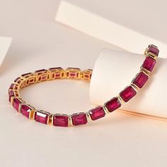 12CT Emerald Cut Simulated Red Ruby Tennis Party Bracelet 14k Yellow Gold Plated Tennis Party, Ruby Bracelet, Green Yellow Blue, Black Ring, Color Stones, Amethyst Gold, Gold Diamond Jewelry, Gold Chain Jewelry, Box Clasp