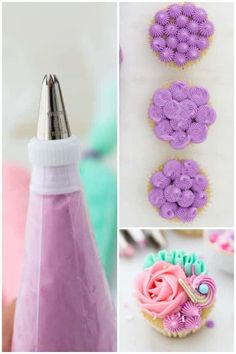 purple cupcakes and pink frosting in different stages of being decorated