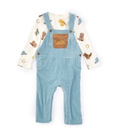 From Baby Starters, this 2-piece set features:Overalls:Corduroy overallsSquare necklineSleevelessButton-closure shoulder strapsButton-side closures"Little Cowboy" embroidery on the front pocketTwo side pocketsSnap-leg closures to make changing easyBodysuit:Long sleeve knit bodysuit in a Western ranch print Crew necklineRibbed bindingSnap-closures on one shoulderSnap-leg closures to make changing easyCare:Bodysuit of cotton&#04 Overalls Long Sleeve, Overalls Corduroy, Cowboy Embroidery, Corduroy Overalls, Little Cowboy, Knit Bodysuit, Cow Boy, Baby Outfit, Boy Clothes