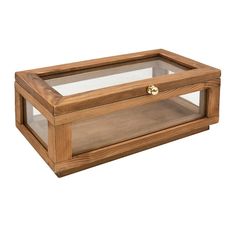 a wooden box with glass shelves on top