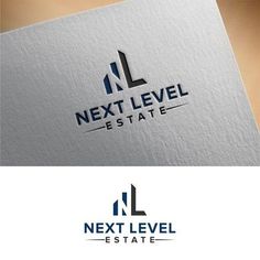 the next level estate logo is displayed on a white and blue business card or envelope