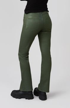 Billie is our high-rise boot cut jean that remains a tried and true style of the Lola Jeans catalogue. The Billie in Coated Dark Olive features dark green denim with a coated overlay that mimics the look and feel of leather. TRUE TO SIZE High-Rise Bootcut Jeans  Front Rise: 10" Inseam: 31" Regular Hem Available in Plus Sizes: Size 24 - 42 Model is 5'9" Tall / Wearing a size 26 92% Cotton / 6% T400 / 2% Lycra Machine wash cold / Tumble dry low Straight Leg Flares For Workwear In Fall, Workwear Flare Jeans For Fall, Fall Workwear Flare Jeans With Standard Cut, High Rise Green Flare Jeans For Fall, Fall Flare Jeans, Green High Rise Flare Jeans For Fall, Chic Green Jeans For Fall, Chic Flare Jeans With Standard Cut Leg For Fall, Green Fall Jeans