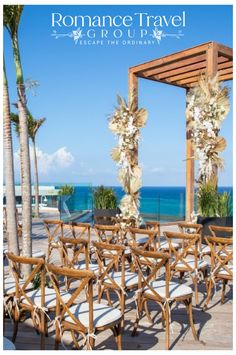 the cover of romance travel group's magazine, featuring chairs and palm trees in front of an ocean view