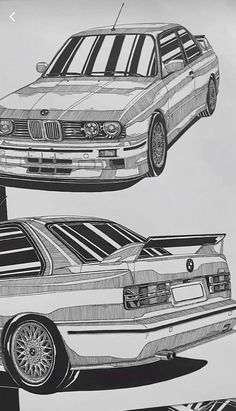 two cars are shown side by side in this black and white drawing, one is an older model