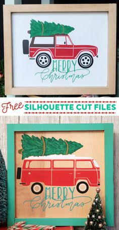 two pictures with christmas trees on them and the words free silhouette cut files in front