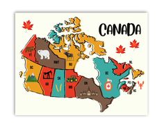 an illustrated map of canada with all the states and their capital on it's side