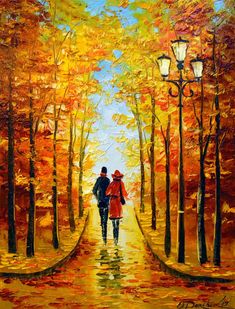 a painting of two people walking down a path in the woods with lanterns on either side