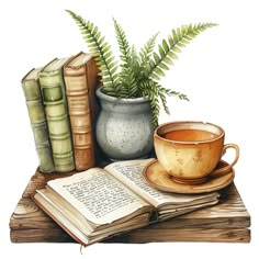 a cup of coffee and some books are sitting on a table with a plant in it