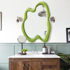 a bathroom with a sink, mirror and potted plant