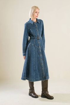 A washed denim midi dress featuring shirt collar, long sleeve, button down with self belt and full skirt 92% COTTON 8%POLYESTER Chic Washed Blue Denim Dress For Fall, Fall Medium Wash Denim Dress With Buttoned Pockets, Chic Washed Long Sleeve Denim Dress, Medium Wash Denim Dress With Buttoned Pockets For Fall, Long Sleeve Denim Dress For Work, Knee-length Washed Blue Denim Dress For Fall, Denim Shirt Dress With Button Closure For Work, Denim Shirt Dress For Work With Button Closure, Fall Knee-length Washed Blue Denim Dress