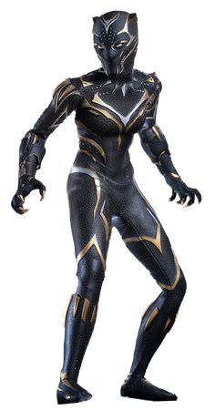 the black panther costume is shown in full body armor and gold accents, with one foot on