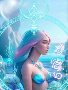 a digital painting of a woman with blue hair and pink hair sitting in the water