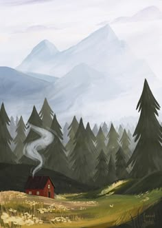 a painting of a house in the middle of a field with trees and mountains behind it