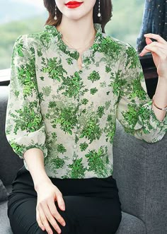 Art Green Ruffled Patchwork Print Chiffon Shirt Top Summer Half Sleeve Tops, Patchwork Print, Art Green, Sleeves Clothing, Summer Fabrics, Top Summer, Chiffon Shirt, Print Chiffon, Classy Women