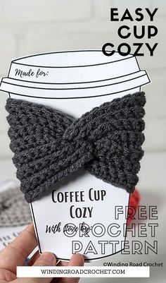 a coffee cup with a knitted bow tie on it and the text, free crochet pattern