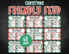 a christmas menu with the words friendly food written in green and red lettering on it