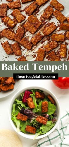 baked tempeh with lettuce and tomatoes in a bowl