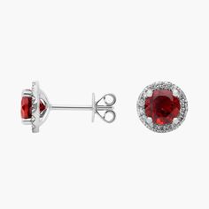 These deep red garnet and diamond halo earrings are an excellent choice for someone who wants to add a bit of color to a classic style. Crafted in bright 18k white gold, these gemstone stud earrings feature round garnets surrounded by sparkling halos of micropave diamonds. Their petite size makes them a great everyday jewelry option. Red Diamond Earrings, Diamond Halo Earrings, Halo Diamond Earrings, Halo Earrings, Gemstone Stud Earrings, Gemstone Studs, Diamond Stud Earrings, Diamond Stud, Red Garnet