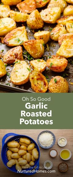 roasted potatoes on a baking sheet with garlic and seasoning