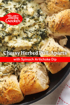 cheesey herb pull aparts with spinach artichoke dip in a skillet