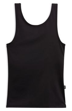 Take a swim or lounge around poolside in this sleek tankini top designed with a supportive built-in shelf bra. Removable soft cups   Partially lined   80% recycled polyester; 20% spandex   Hand wash, line dry   Imported Black Seamless Tankini For Workout, Casual Fitted Moisture-wicking Tankini, Black Sleeveless Tank Top For Beachwear, Casual Sleeveless Tops For Swimming, Nylon Tank Top For Swimming In Summer, Nylon Tankini With Adjustable Straps, Seamless Sports Tankini In Elastane, Sleeveless Nylon Tankini With Adjustable Straps, Summer Tank Activewear With Adjustable Straps