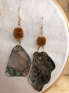 Handmade abalone earrings Bohemian Shell Earrings For Gift, Bohemian Shell-shaped Earrings For Gift, Unique Handmade Shell Earrings, Unique Gold Shell Earrings, Unique Iridescent Pierced Earrings, Unique Iridescent Earrings, Iridescent Bohemian Earrings, Handmade Dangle Earrings With Abalone Shell, Abalone Shell Earrings For Pierced Ears As A Gift