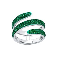 Unique color rhodium finish adds vibrancy to interesting designs. Gemstone: 1.25 Carats of Emeralds Metal: 18K Gold Green Rhodium, 7.5 Grams Colors: White Gold, Green Rhodium Measurements: Band is 3/4" Wide Luxury Green Emerald Ring With Polished Finish, Green Pave Setting Rings For Formal Occasions, Green Rings With Pave Setting For Formal Occasions, Formal Green Rings With Pave Setting, Modern Multi-stone Green Rings, Modern Green Diamond Ring For Formal Occasions, Modern Green Multi-stone Rings, Luxury Green Diamond Open Ring, Fine Jewelry Green Multi-stone Emerald Ring