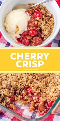 cherry crisp in a bowl with ice cream on top